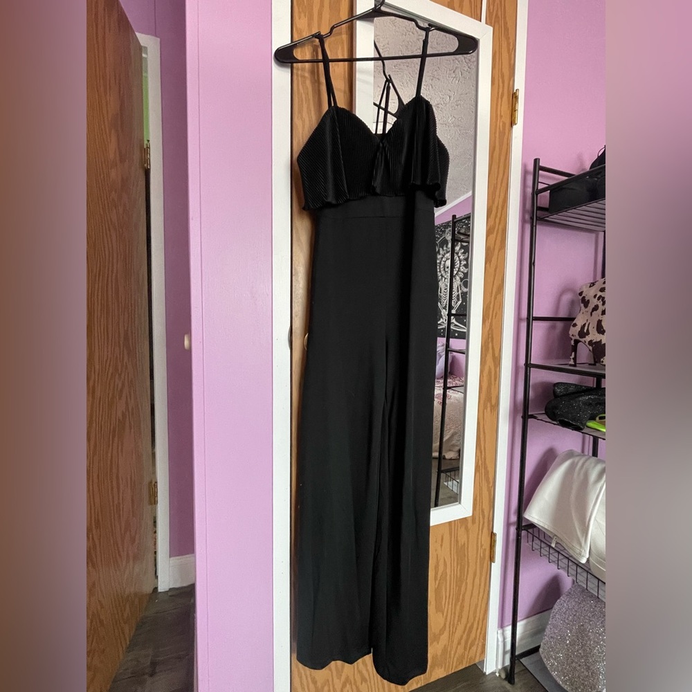 Floor length ruffle top spaghetti strap jumpsuit